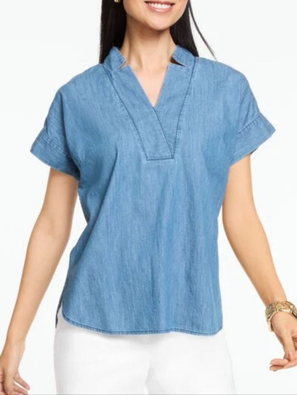 Talbots Casual Chambray V-Neck Short Sleeve Top - Size XP (12)